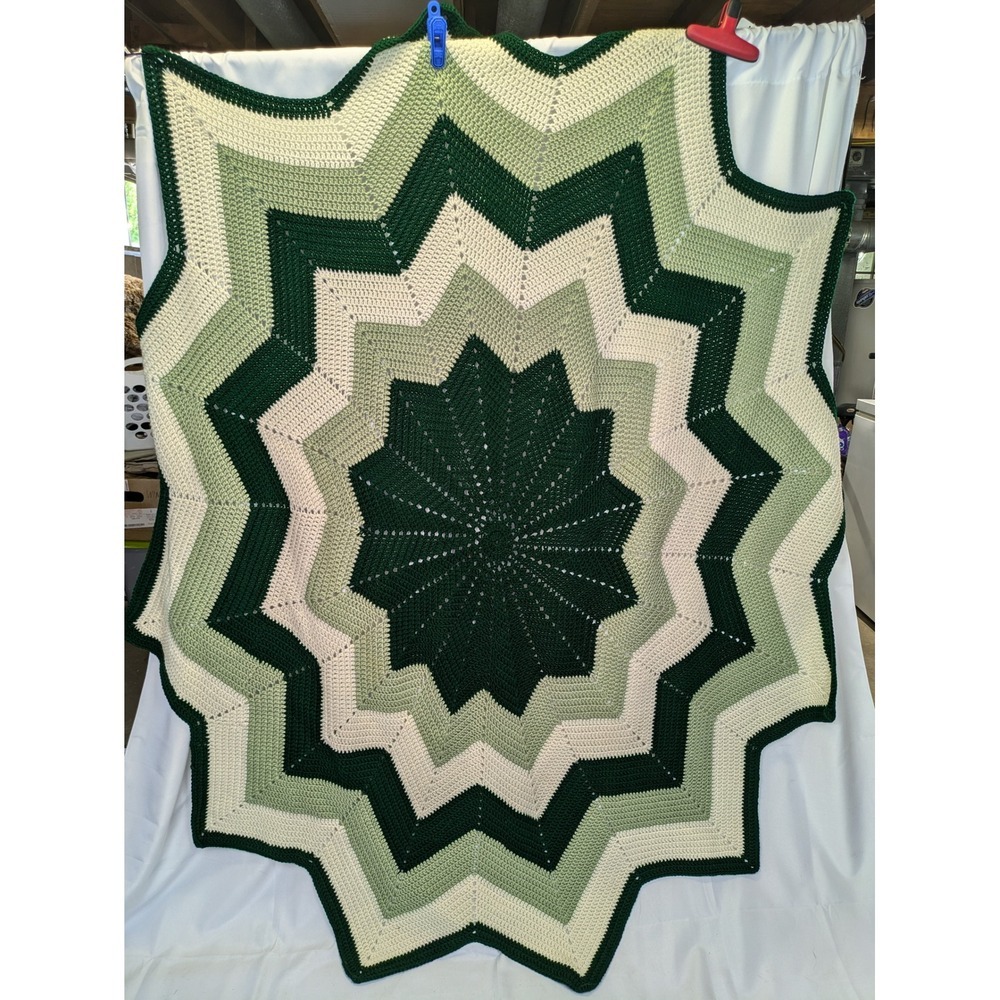 Handmade Crochet 12 Point Star Blanket Throw Green Chevron Afghan Lap‎ Throw 84"